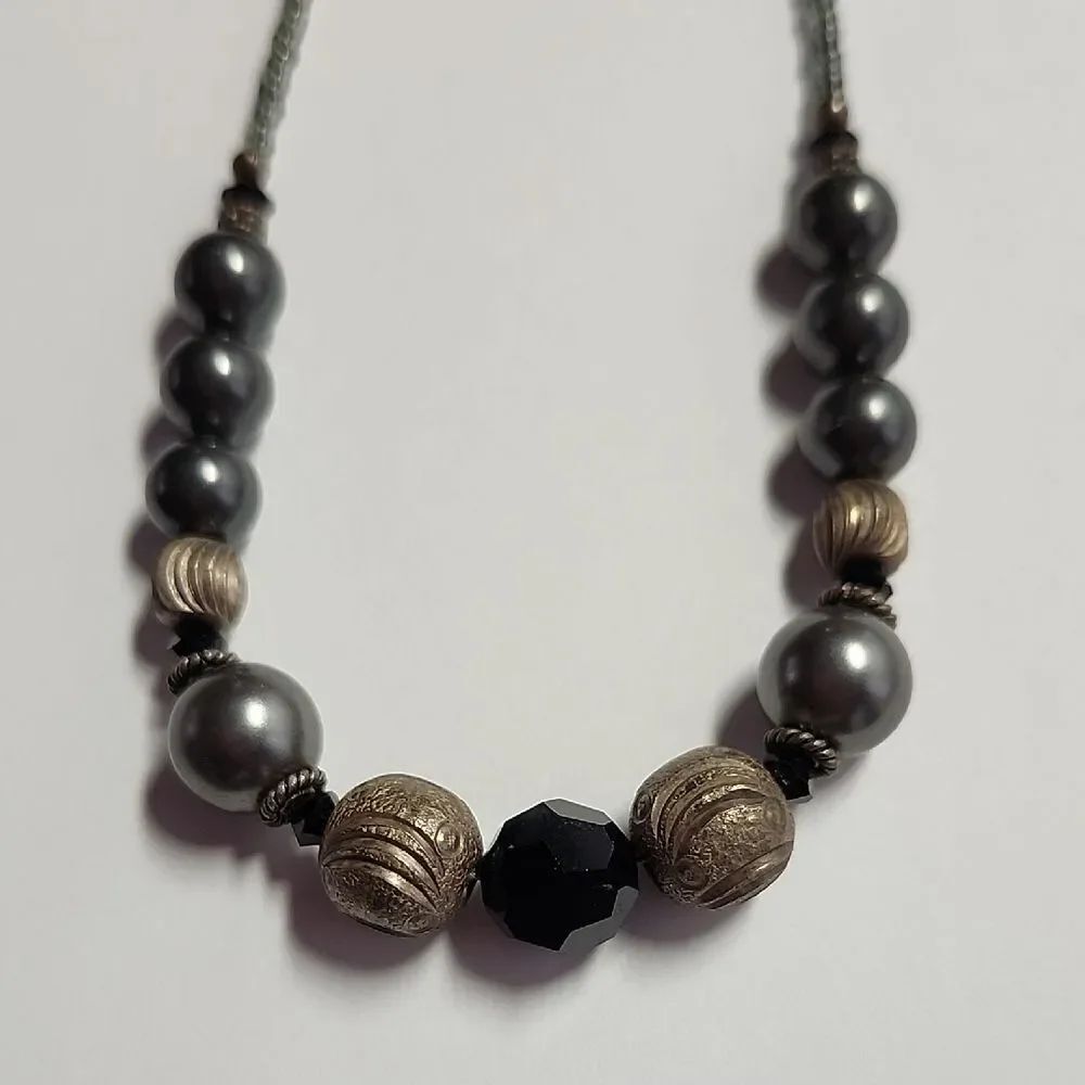 Elegant Black Bead and Sterling Silver Beaded Women's Necklace 925 Accents